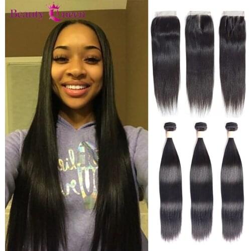 Malaysia Straight Hair 3 Bundles Remy 100% Human Hair Extensions With 4*4 Lace Closure Double Weft Weave Bundles With Closure