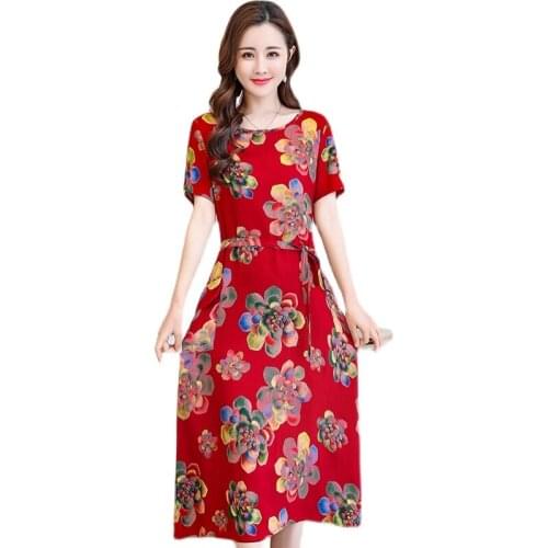 Fashion Summer Casual Floral Dress Women O-neck Short Sleeve Long Printed Slim A-line Dress Ladies Bohemian Floral Dresses