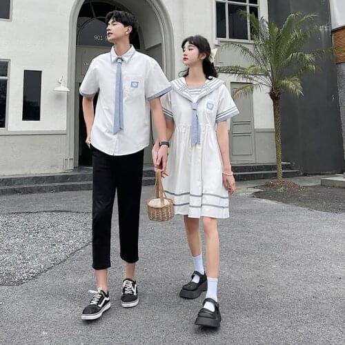 Summer 2021 new couple outfit college style stitching men and women short sleeve shirt couples clothing couples clothes