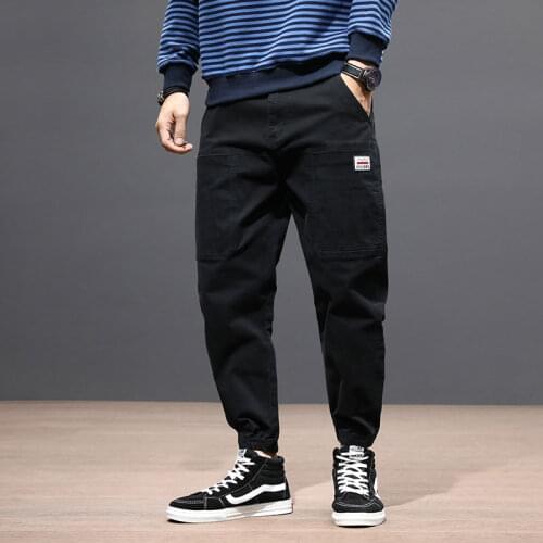 2021 New Fashion Men Jeans Loose Fit Casual Spliced Denim Cargo Pants Harem Trousers Elastic Waist Hip Hop Jeans Men Joggers