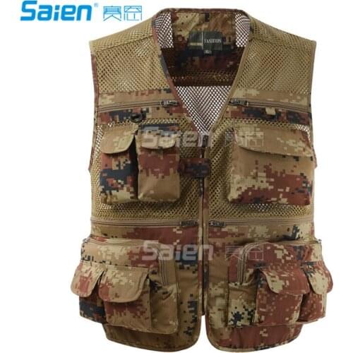 Mens Mesh Breathable Openwork Camouflage Journalist Photographer Fishing Vest Waistcoat Jacket Coat