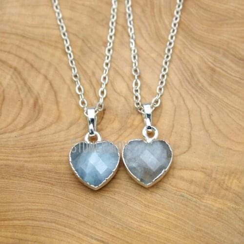 10Pcs Silver Plated Faceted Heart Shaped Chains Necklaces Aquamarines Chains Necklaces 16-20inch NM15672