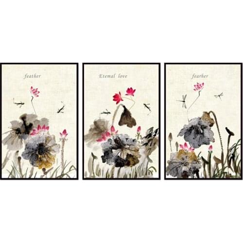 Wholesale Lotus ink flower series Paintings Wall Art Home Decoration framed Canvas Painting For Living Room 12YM-A-751