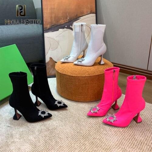 2020 Autumn Winter New Fashion Rhinestone Sun Flower Boots Childrens Thin Pointed Toe Pink Black White Side Zip High Heel Boots