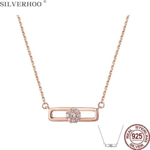 SILVERHOO 925 Sterling Silver Geometry Square Flower Pendant Necklace For Women Clear Cubic Zircon Necklaces Silver 925 Jewelry