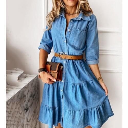 Elegant Femmale Buttons Women Dress Ladies Lapel Denim Three Quarter Sleeve Ruffle Dress Casual Holiday Party Dress Vestidos