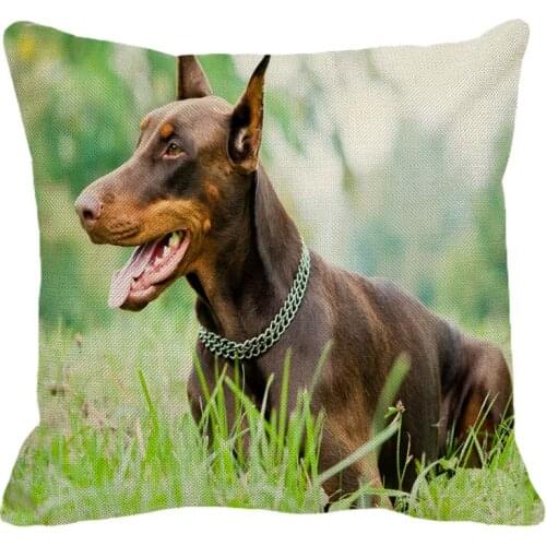 XUNYU Cute Doberman Dogs Pattern Linen Pillow Case Home Sofa Square Decorative Pillows Cover Animal Cushion Cover 45X45cm AC090
