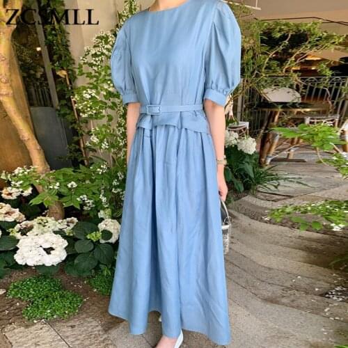 ZCSMLL Korean temperament round neck ruffle vestido stitching fake two-piece puff sleeve dress long skirt with belt women
