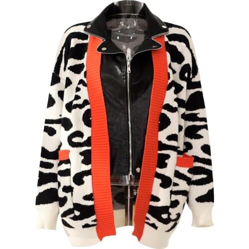 2020 Queen Holiday Warm Up Stitching Ladies Leopard Knit Stitching Leather Jacket Ladies Knitted Cardigan Sweater Coats C633