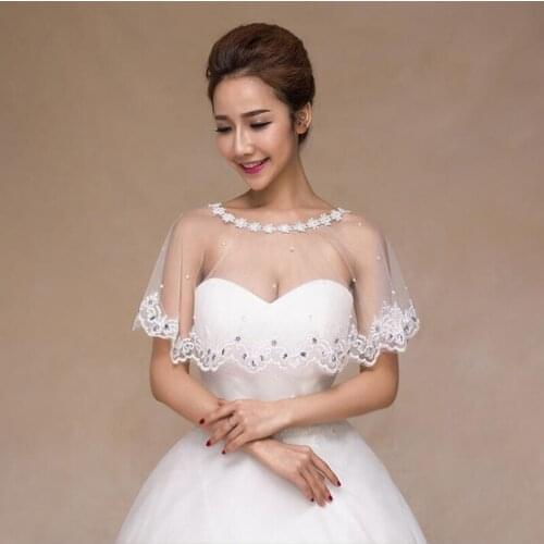 Fashion Simple Pearls Crystal New Ivory Lace Edge Bridal Boleros Women Ladies Wedding Jackets For Wedding Party Christmas