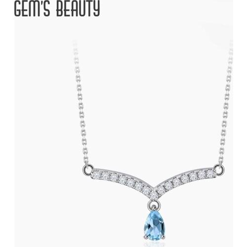 GEMS BEAUTY Natural Swiss Blue Topaz Gemstone Chevron Necklace V Shape 925 Sterling Silver Pendant Necklace For Women Jewelry