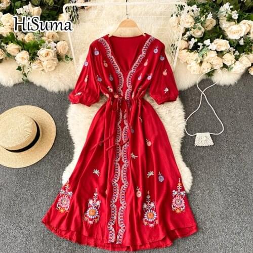 2021 summer new womens V-neck embroidery cotton and linen A-line dress female lace-up waist bohemian Ethnic dresses