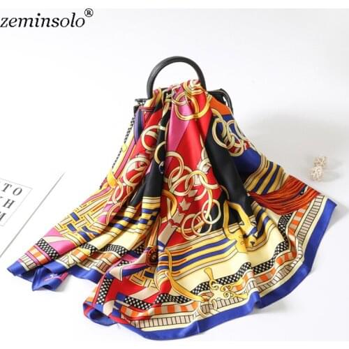 130*130cm 2019 Luxury Brand Chain Printed Twill Silk Scarf For Women Bandana Headband Female Large Square Scarves Silk Shawls