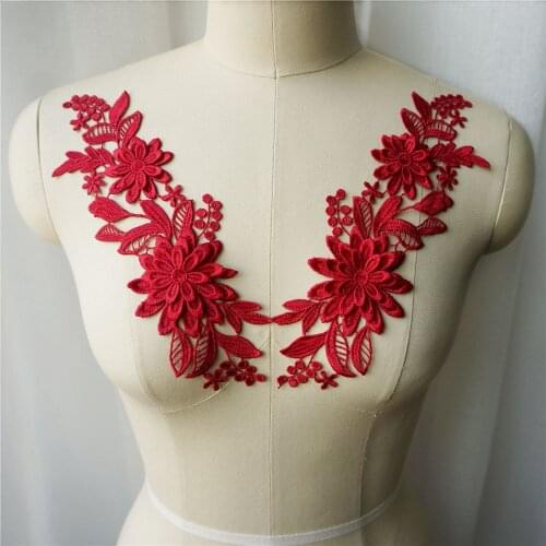 2PCS Wine Red 3D Flower Fabric Appliques Embroidered Gown Collar Sew On Patches For Wedding Decoration Dress DIY