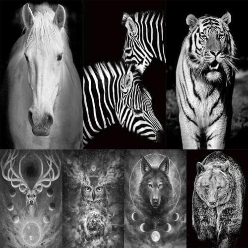 5D DIY Animal Full Drill Round Diamond Painting Mosaic Black and white Art Diamond Embroidery Cross Stitch Picture Home Decorati