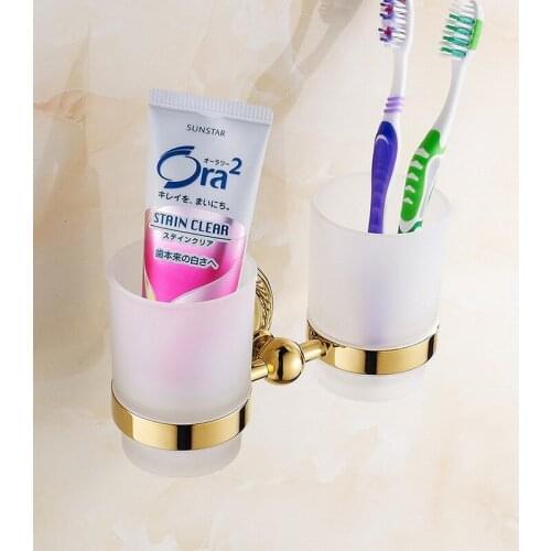 Cup & Tumbler Holders Golden Brass Tumbler Toothpaste Toothbrush Holder With Double Glass Cups Bathroom Accessories KD772
