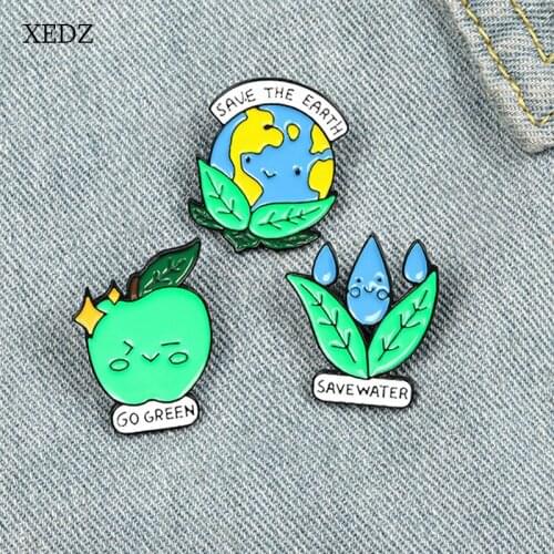 XEDZ Cartoon Plant Green Earth Enamel Brooch Fashion Save The Earth Apple Green Leaf Water Drop Life Badge Costume Jewelry Gifts
