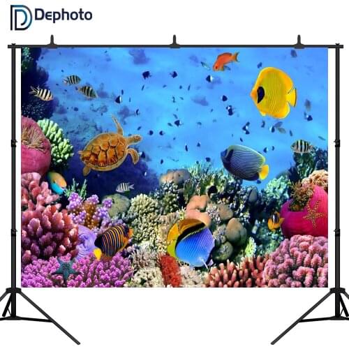 DePhoto Underwater World Fish Coral photography backdrops Printed Children Birthday Aquarium World Photo Studio Backgrounds