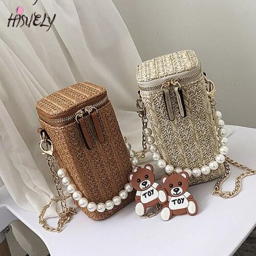 HISUELY 2021 Bohemian Straw Bags for Women Beach Handbags Summer Square Rattan Bag Handmade Pearl Woven Crossbody Bag Purse Q4