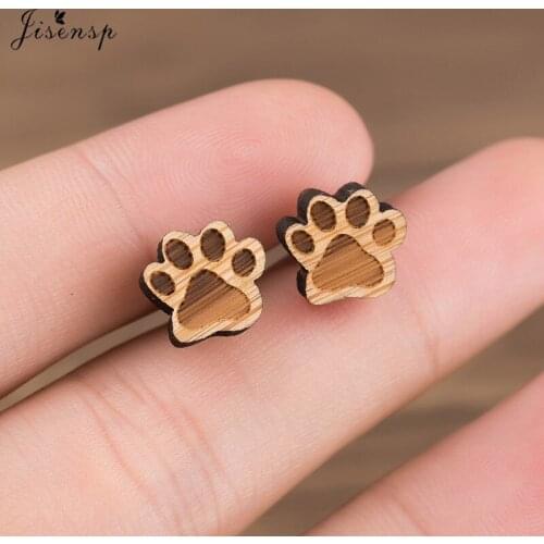 Jisensp Kawaii Design Lovely Dog Footprints Wooden Earring Fashion Jewelry for Women Kids Pet Paw Stud Earrings Best Gift