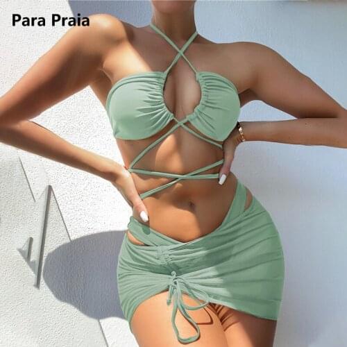 Para Praia 3 Pieces Cross Halter Bikinis Set 2021 Skirt Swimwear Women High Waist Drawstring Bandage Swimsuit Summer Biquini