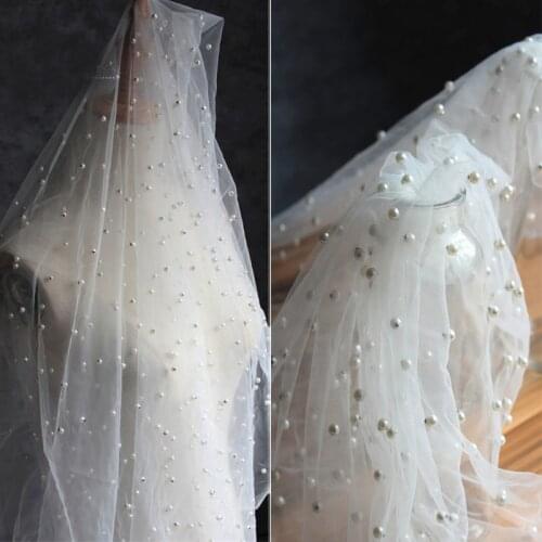 1 meter White Beads Lace Fabric Soft Mesh Beaded Fabric Handmade Beading Wedding Dress Lace Fabric 150cm width