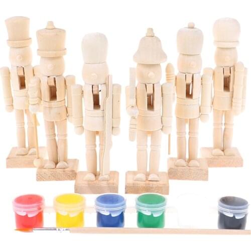 6Pcs Wooden White Embryo Nutcracker Doll Soldier Miniature Figurines Handcraft DIY Puppet Ornaments Home Decor Toy