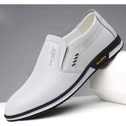 Mens Leather Casual Shoes 2021 Spring Winter Casual Shoes Mens Breathable British Leather Shoes White Leather Slip-on Footware