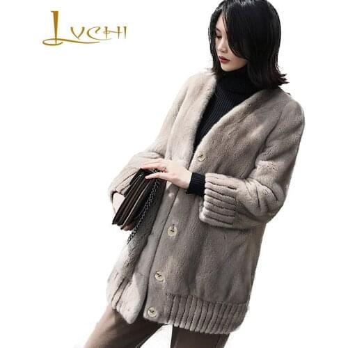 LVCHI 2019 New Winter V-Neck Mink Fur Coat Real Fur Coats Women Thicken Full Pelt Long Sleeve Pocket Button Long Mink Fur Coats
