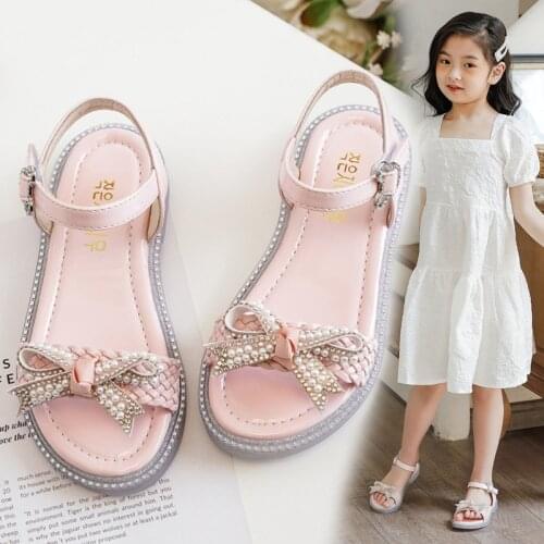 Children Shoes Girls' Fashion Pearl Bow Princess Flat Sandal Kids Beach School Shoes 2021 Summer Little Girl Shoes 3 5 9 12 Year