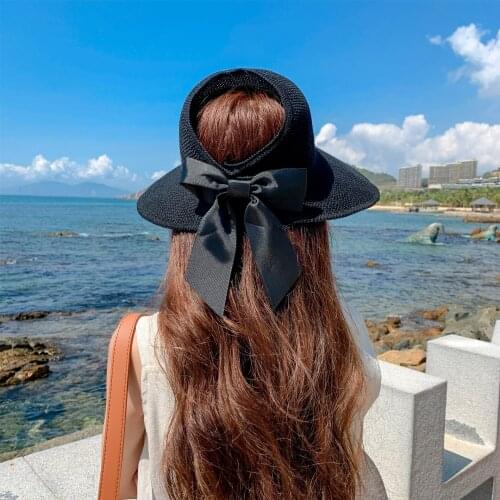 New Summer Bow Sun Hats Empty Top Hat Women UV Protction Caps Cutout Beach Hat Women Sun Cap Ribbon Knit Raffia Hat Sun Hat