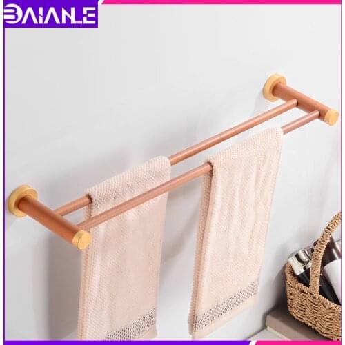 Bathroom Towel Rack Hanging Holder Aluminum Wood Double Towel Bar Wall Mounted Towel Holder Storage Hanger Bathroom Accessories