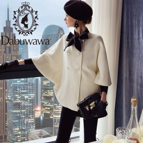 Dabuwawa Vintage Wool Cloak Coat Women Office Ladies Bow Neck Bat Sleeve Cloaks Outwear Female Solid Celebrity Party DT1DSO009
