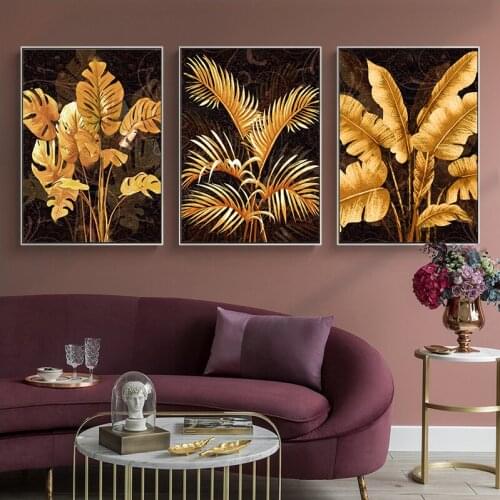 Vintage Golden Plant Leaf Poster Banana Palm Monstera Wall Art Print Picture Nordic Canvas Painting Living Room Decoration