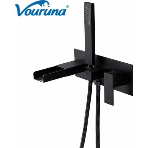 VOURUNA Black Waterfall Bathtub Faucet Wall Mounted Chrome Solid Brass Bath Shower Mixer Taps