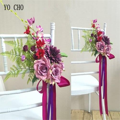 YO CHO Artificial DIY Sister Wedding Party Rose Orchid Leaves Bouquet Ceremony Chair Home Church Office Furniture Decor Flower