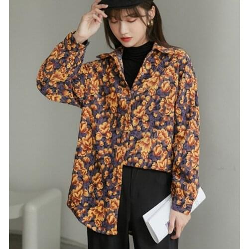 Womens Spring And Autumn Long Sleeve Printed Flowers Straight Loose Retro Yellow Corduroy Shirt Outer Top