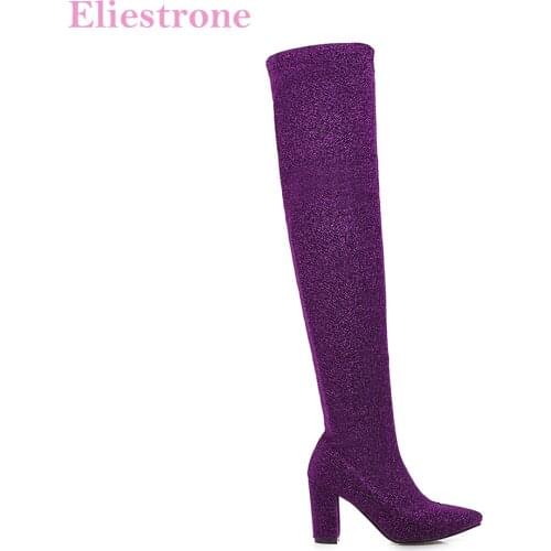 Brand New Comfortable Purple Black Women Thigh High Boots Sexy High Heels Lady Riding Shoes LC196 Plus Big Size 10 43 46 48