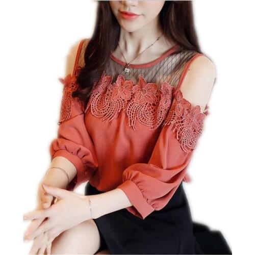 2019 New Sweet Chiffon Women Blouses Lace Mesh Summer Shirts Half Sleeve O-Neck Fashion Patchwork Sexy Off-Shoulder Blouses Q063