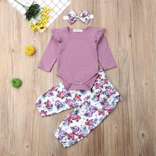 2020 Autumn Baby 3PCS Spring Clothing Newborn Baby Girl Cotton Long Sleeve Romper Tops + Floral Long Pants Outfits Set Clothes