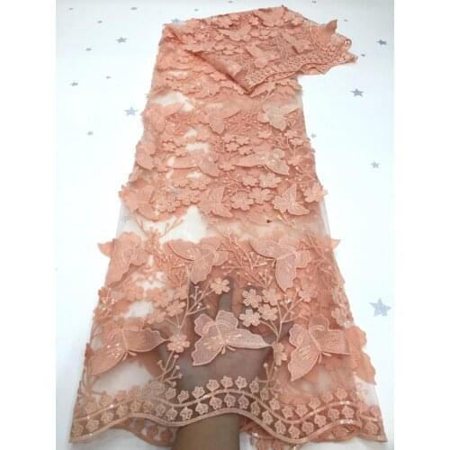 5yards/pc) latest peach French net lace 3D butterflies embroidered African tulle lace fabric with sequins for dress FZX053