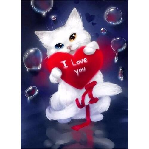 5D Diy Diamond Painting White Lovely Cat Cross Stitch Red Love Cat Needlework Home Decor Full Square Diamond Embroidery HL064