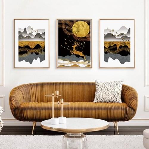 3 Pieces Abstract Canvas Painting Golden Deer Birds Nordic Poster Landscape Wall Art Print Decorative Picture Living Room Decor