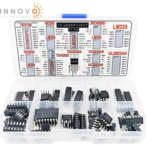 IC Assortment Box 75pcs Total PC817C NE555 LM358 LM324 JRC4558D LM393 LM339 NE5532 LM386 PT2399 TDA2822 TDA2030A UC3842A