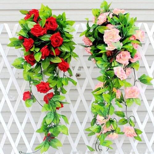 Artificial Decor Rose Silk Rose Flower Ivy Vine Hanging Garland For Wedding Decoration Home Garden Flower Fake Plant Wall Decals
