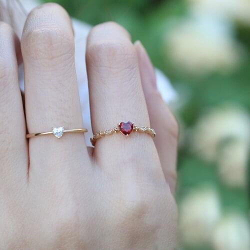 Dainty Cute Love Rings for Women Red Zircon Tiny Heart Jewelry Korean Accessories Slim Wedding Gifts Girlfriend Wholesale KAR272