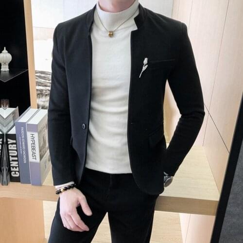 Suit Jacket + Pants 2 Pcs Set / 2021 Fashion New Mens Casual Boutique Stand-up Collar Solid Color Woolen Blazers Coat Trousers