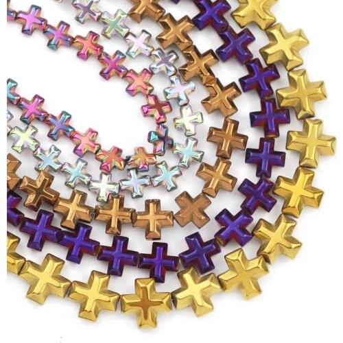 Natural Stone Cross Jesus Hematite Beads 6/8/10MM Blue,Gold,Purple Loose Beads For Jewelry Making Diy Bracelet Necklace Pendant