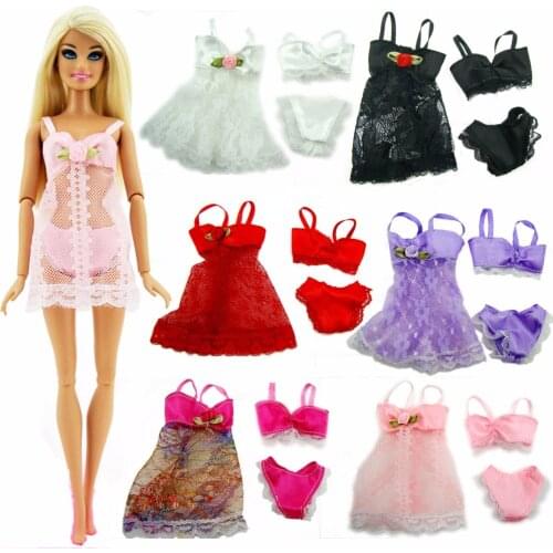 18 Pcs/Lot = 6 Set Doll Pajamas Lace Lingerie Bra + Underwear + Night Dress Nightwear Bikini Clothes for Barbie Doll Accessories