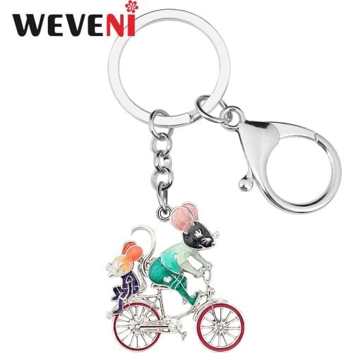 WEVENI Enamel Alloy Floral Cute Cycling Rat Bicycle Keychains Ring Fashion Purse Handbag Key Chain Animal Jewelry For Women Girl